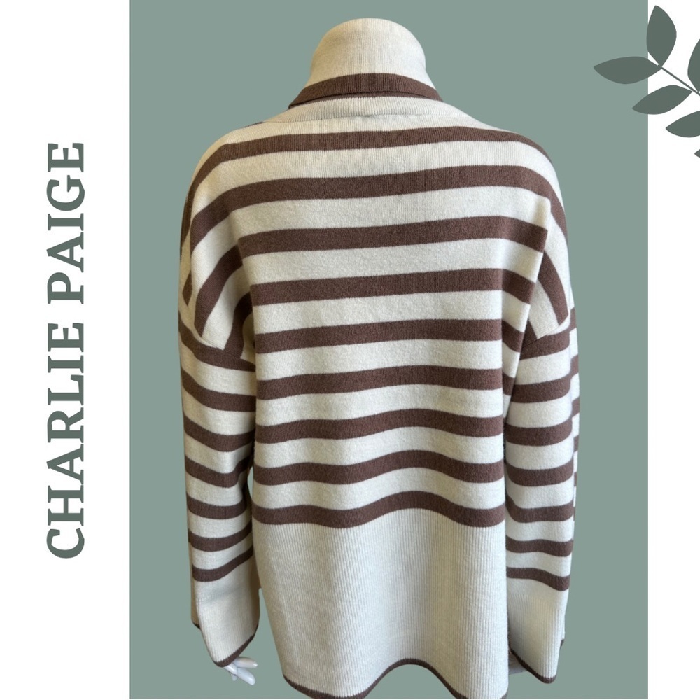 Charlie Paige Mikyla Stripe Cowl / Turtle Neck Pullover Cream Brown Size Small - Picture 5 of 8